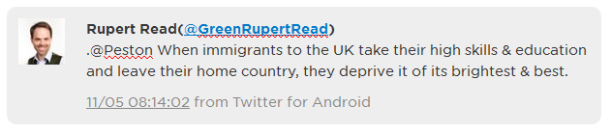 Rupert Read tweet on immigration